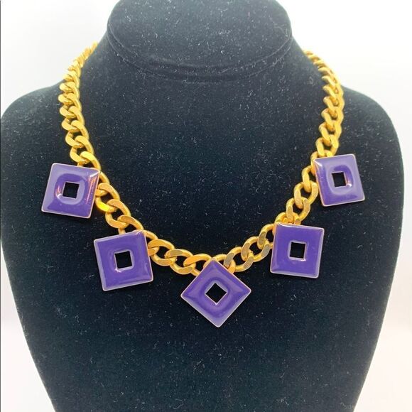 Vintage Art Deco Enamel Geometric Curb Chain Necklace 80s - Picture 9 of 11